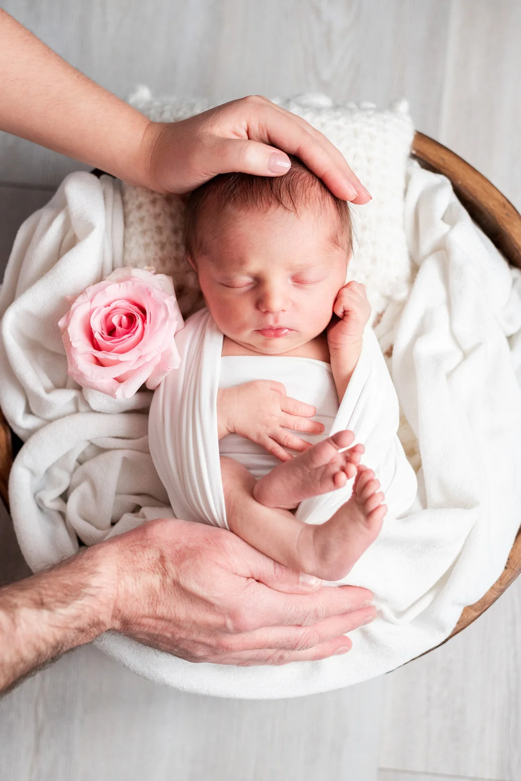 Bébé emmailloté lors de sa séance photo de naissance à domicile près de Fontainebleau, à côté d'une rose du jardin